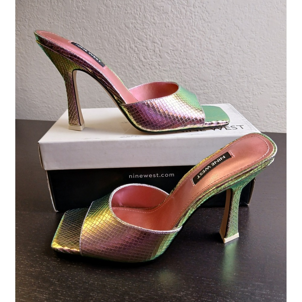 Nine West Aurea 3 Iridescent Pink Snakeskin Square Toe Flared Heel Mules 8M